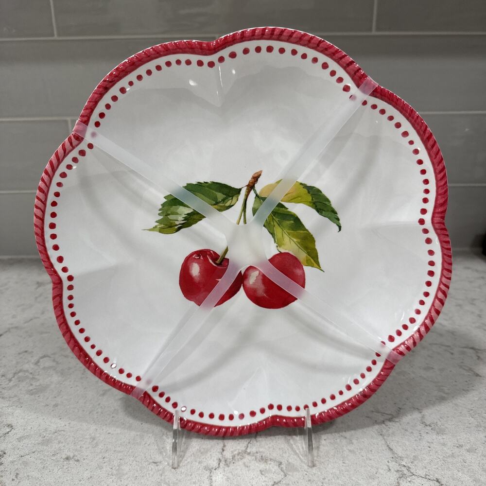 Set 4 CHERRIES 11” Scalloped Dinner Plates Melamine Spring Floral Cherry Fruit